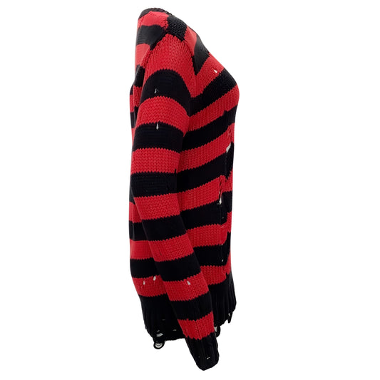 R13 Red / Black Cotton Striped Distressed Sweater