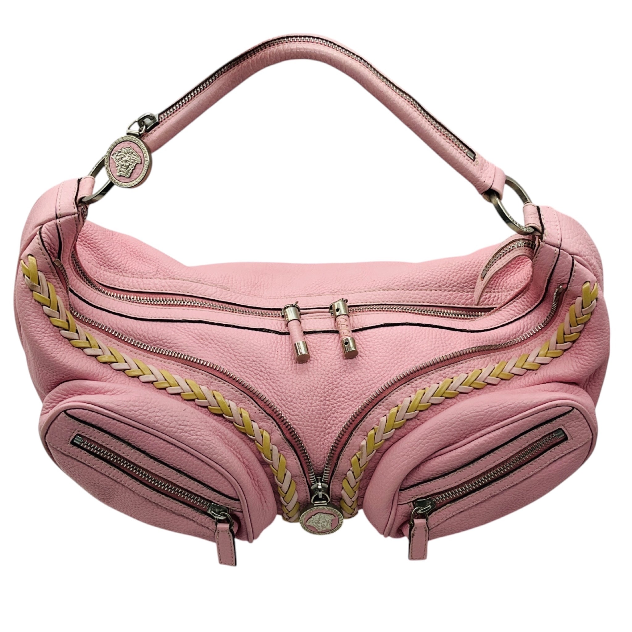 Versace Light Pink Zipper Detail Grained Leather Shoulder Bag with Braided Trim and Medusa Medallion Coins