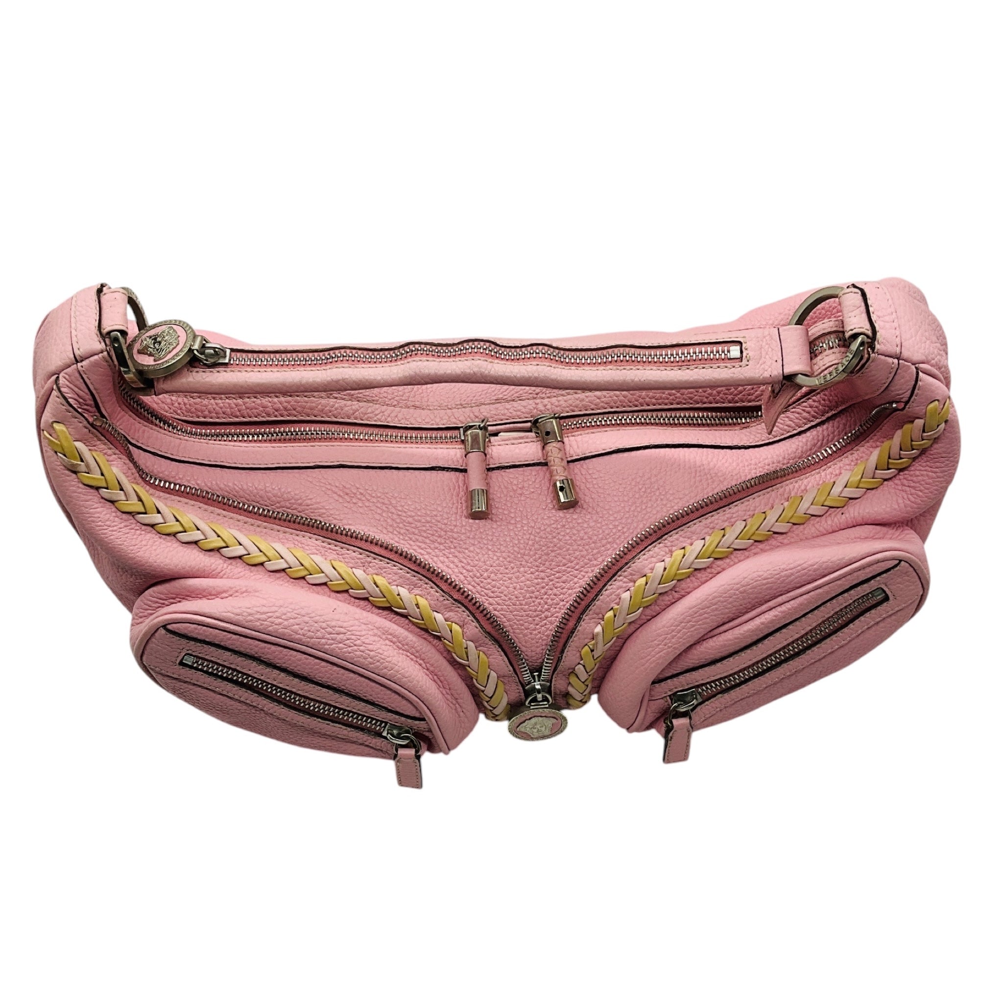 Versace Light Pink Zipper Detail Grained Leather Shoulder Bag with Braided Trim and Medusa Medallion Coins
