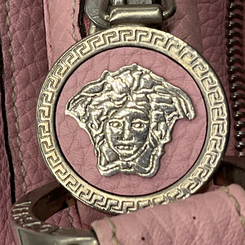 Versace Light Pink Zipper Detail Grained Leather Shoulder Bag with Braided Trim and Medusa Medallion Coins