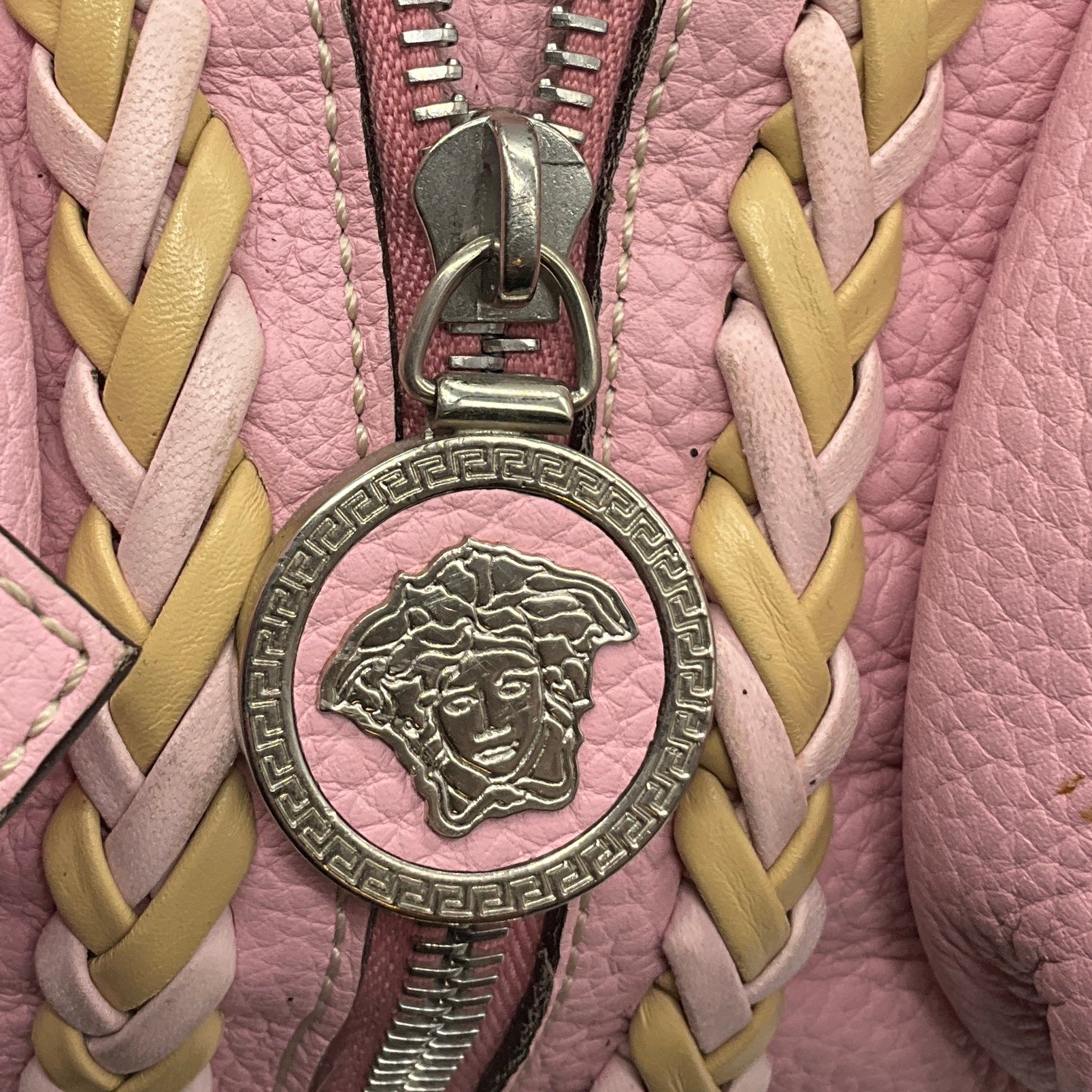 Versace Light Pink Zipper Detail Grained Leather Shoulder Bag with Braided Trim and Medusa Medallion Coins