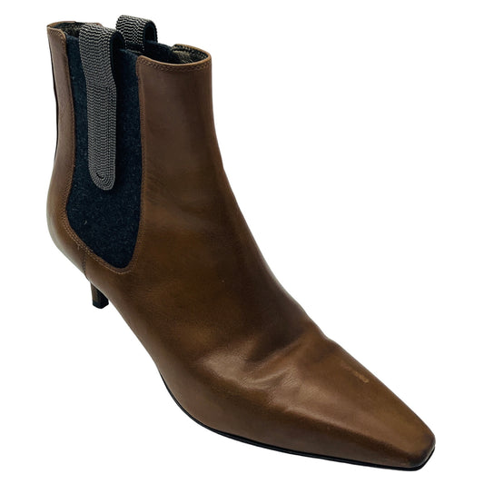 Brunello Cucinelli Cognac Brown / Charcoal Grey Monili Detail Knit Trimmed Leather Ankle Boots