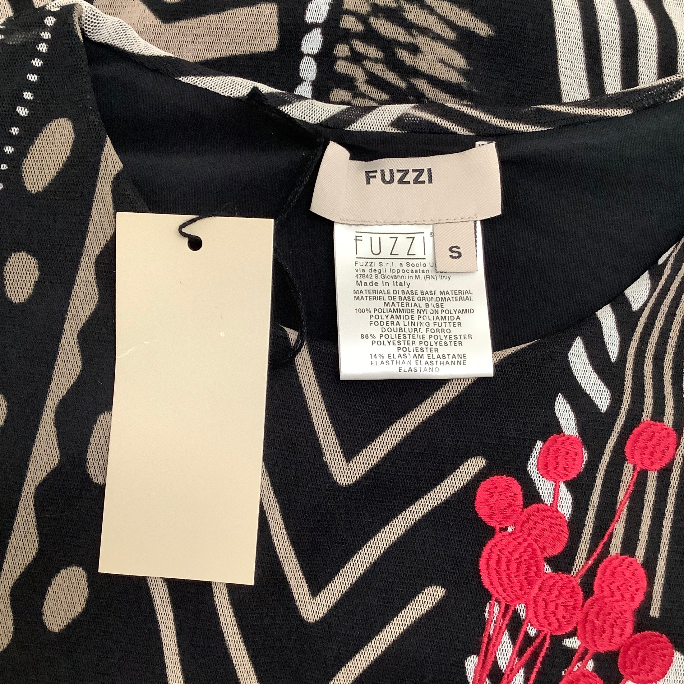 Fuzzi Black / Tan Abstract Print Dress with Red Flower Embellishment