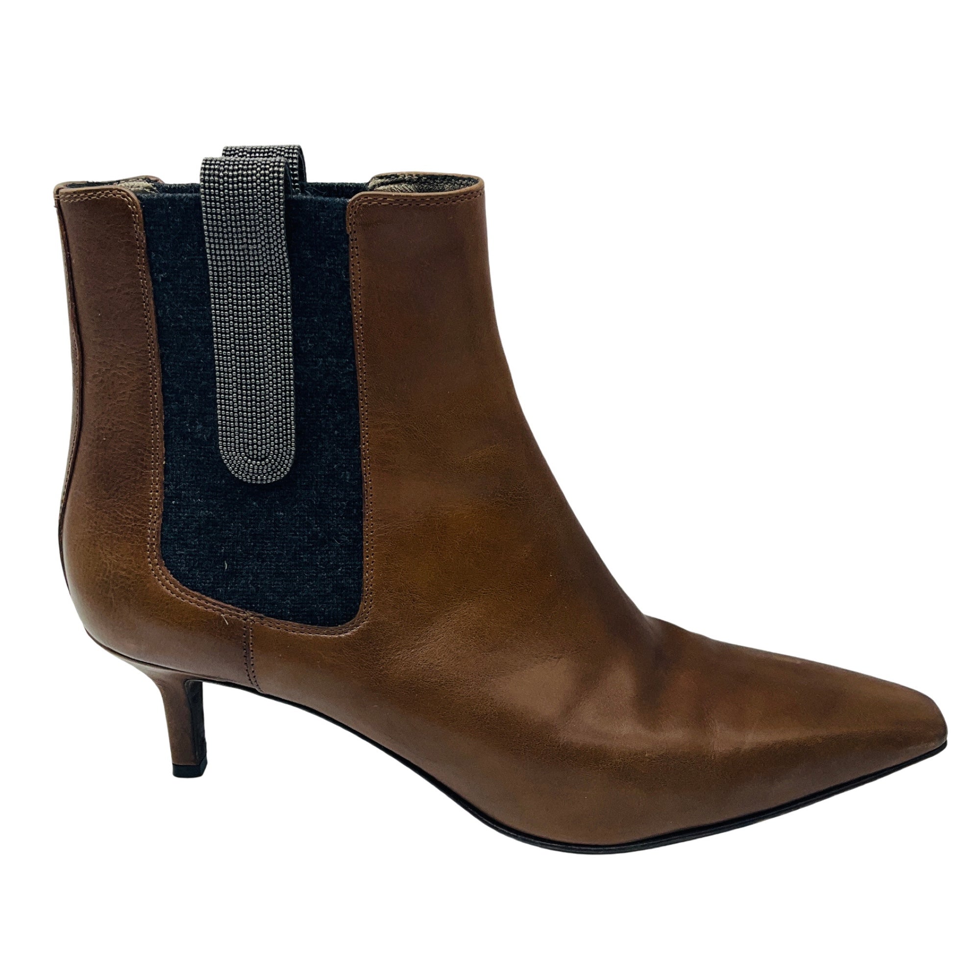 Brunello Cucinelli Cognac Brown / Charcoal Grey Monili Detail Knit Trimmed Leather Ankle Boots