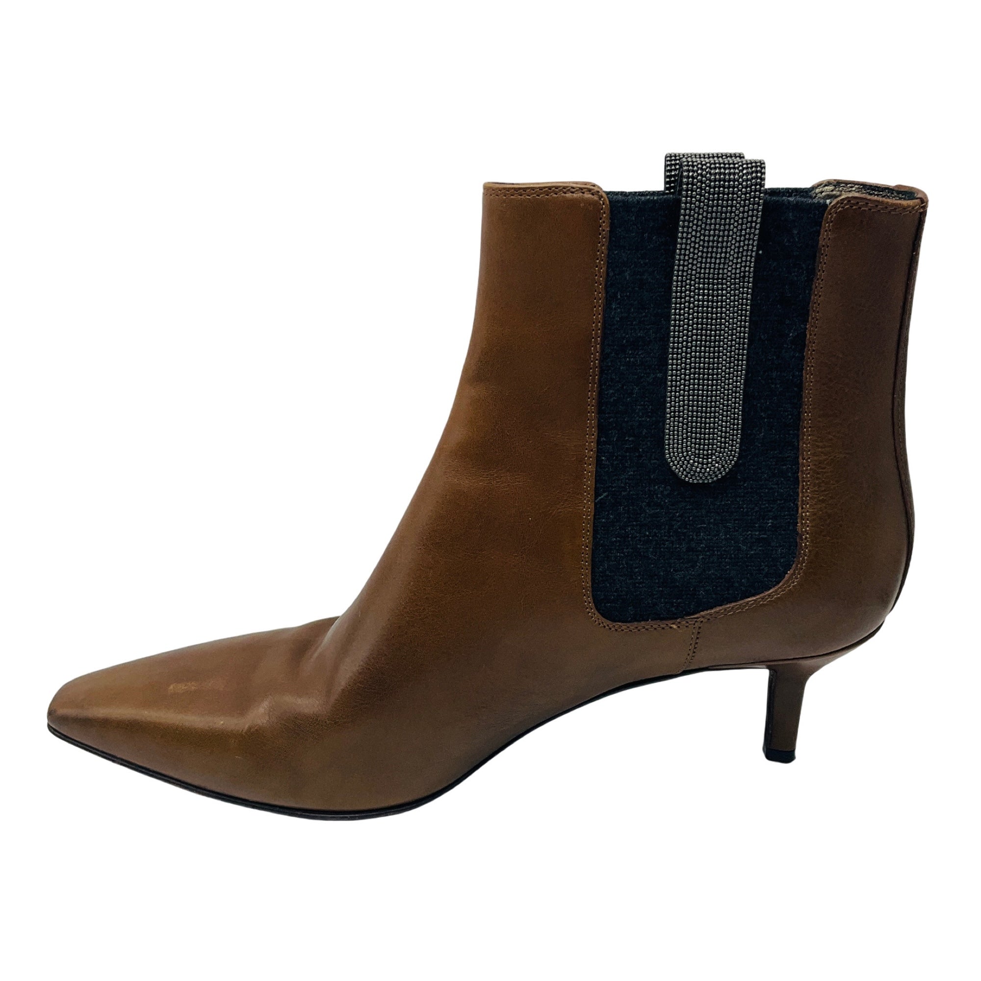 Brunello Cucinelli Cognac Brown / Charcoal Grey Monili Detail Knit Trimmed Leather Ankle Boots