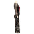 Load image into Gallery viewer, Fuzzi Black / Tan Abstract Print Dress with Red Flower Embellishment
