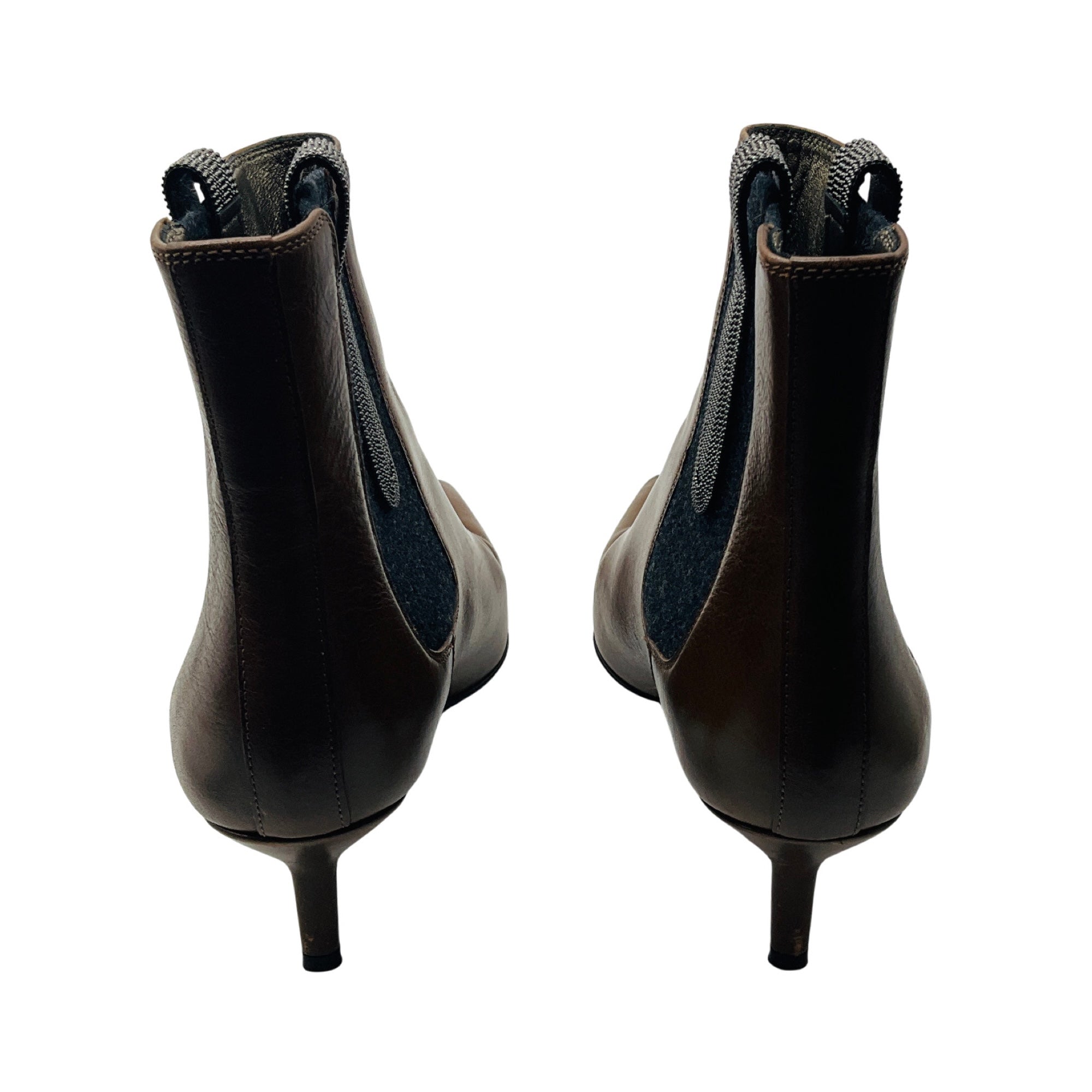 Brunello Cucinelli Cognac Brown / Charcoal Grey Monili Detail Knit Trimmed Leather Ankle Boots