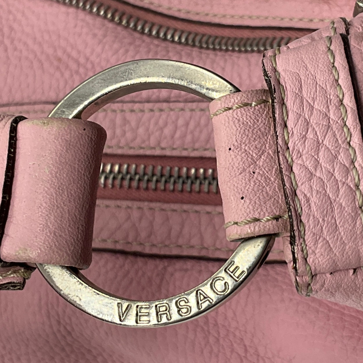 Versace Light Pink Zipper Detail Grained Leather Shoulder Bag with Braided Trim and Medusa Medallion Coins