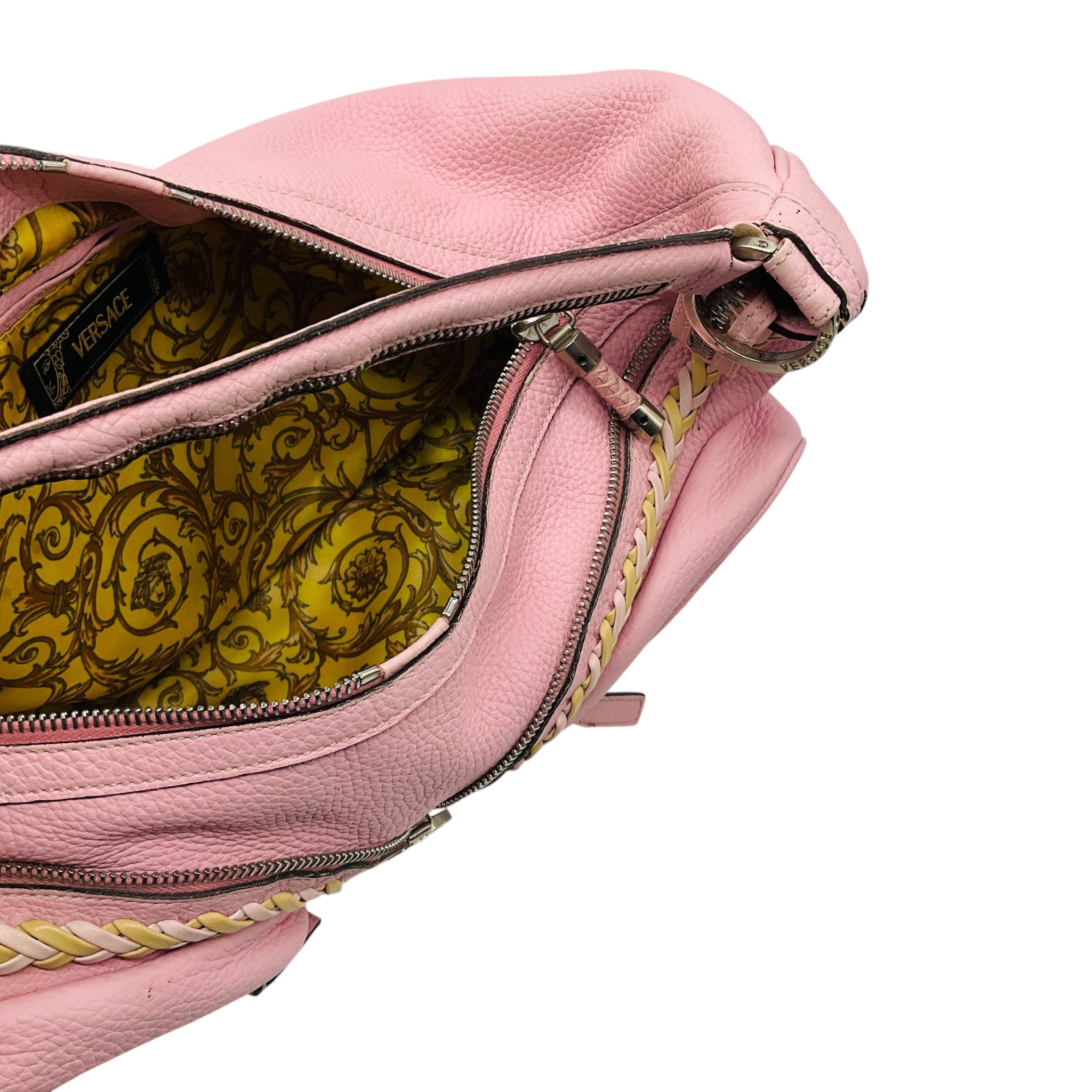 Versace Light Pink Zipper Detail Grained Leather Shoulder Bag with Braided Trim and Medusa Medallion Coins