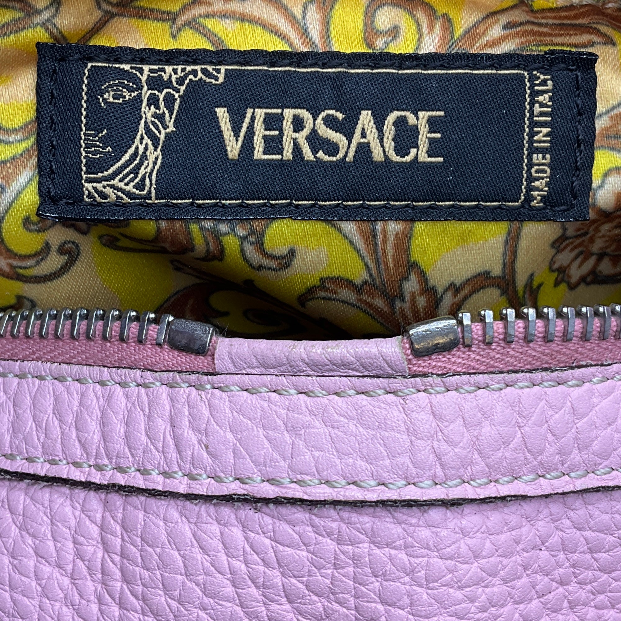 Versace Light Pink Zipper Detail Grained Leather Shoulder Bag with Braided Trim and Medusa Medallion Coins