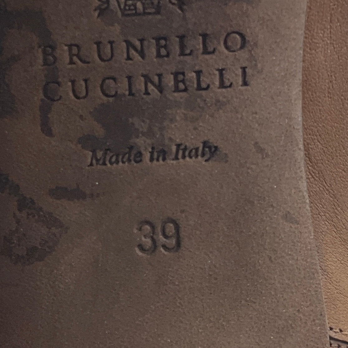 Brunello Cucinelli Cognac Brown / Charcoal Grey Monili Detail Knit Trimmed Leather Ankle Boots