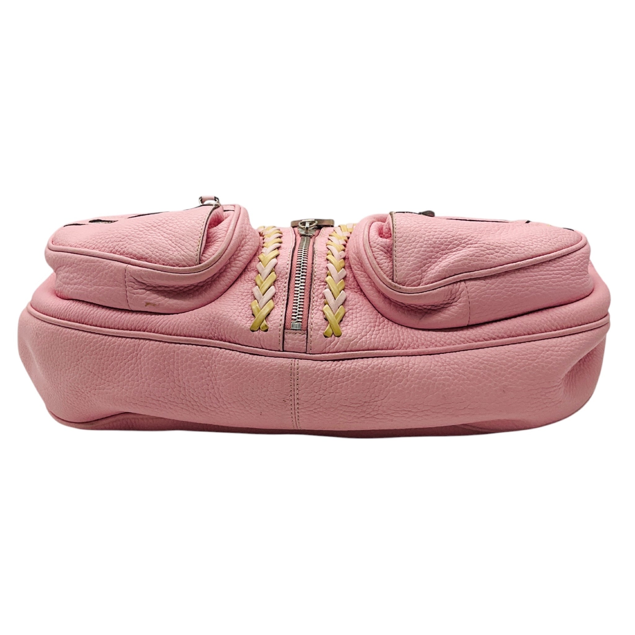 Versace Light Pink Zipper Detail Grained Leather Shoulder Bag with Braided Trim and Medusa Medallion Coins
