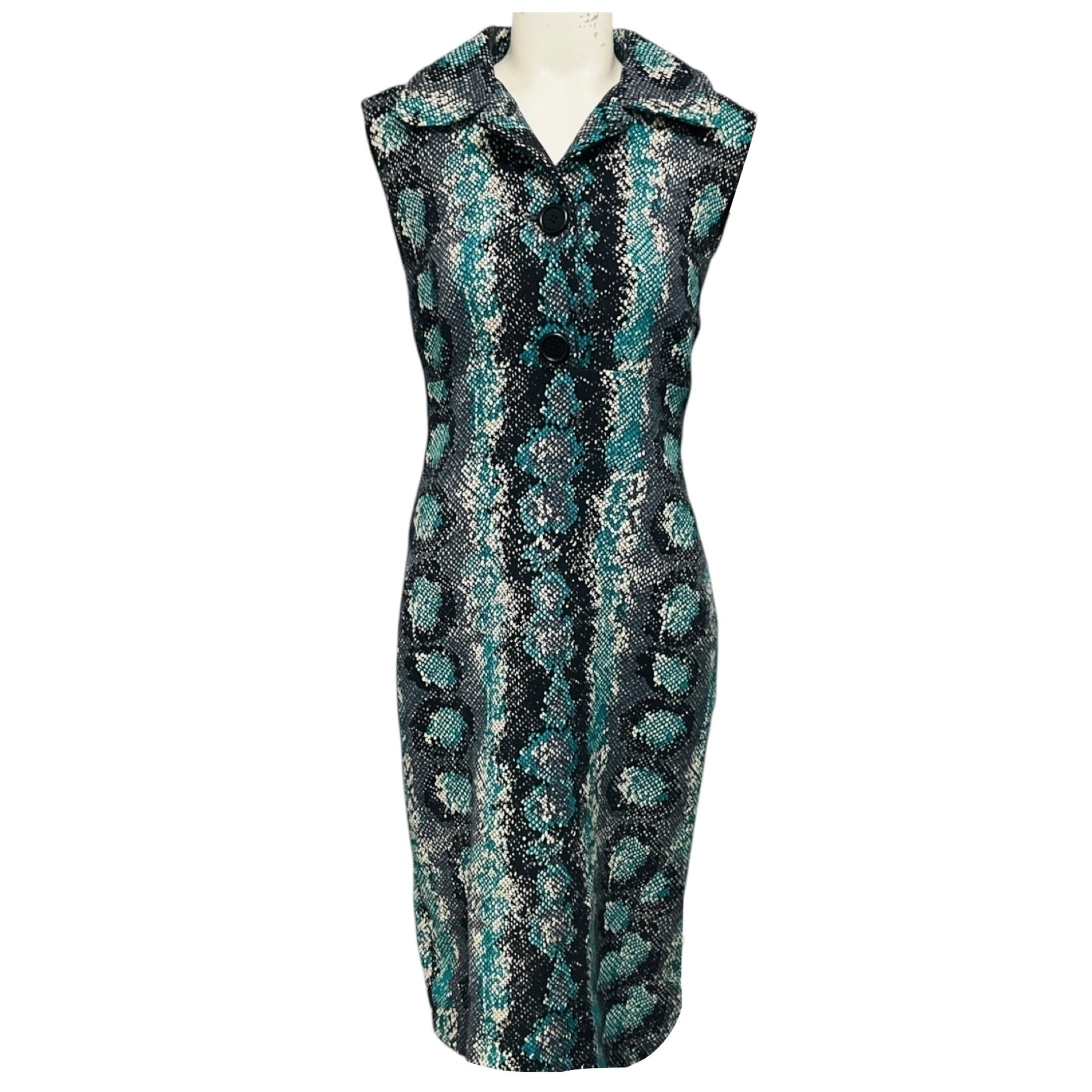 Prada Teal / Ivory / Black Snake Print Sleeveless Wool Crepe Midi Dress