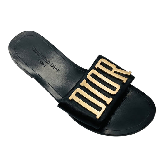 Christian Dior Black / Gold Revolution Logo Leather Flat Slide Sandals