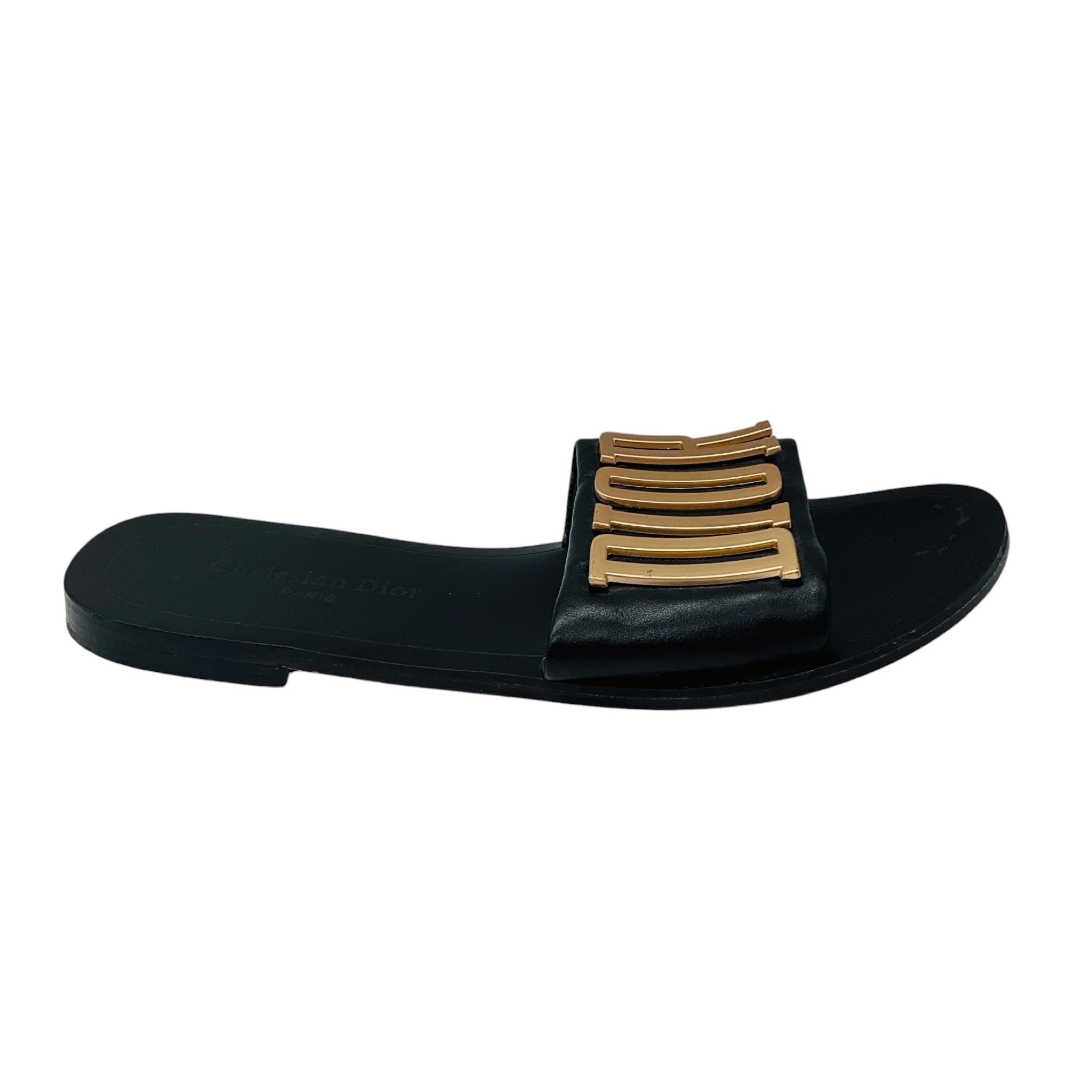 Christian Dior Black / Gold Revolution Logo Leather Flat Slide Sandals