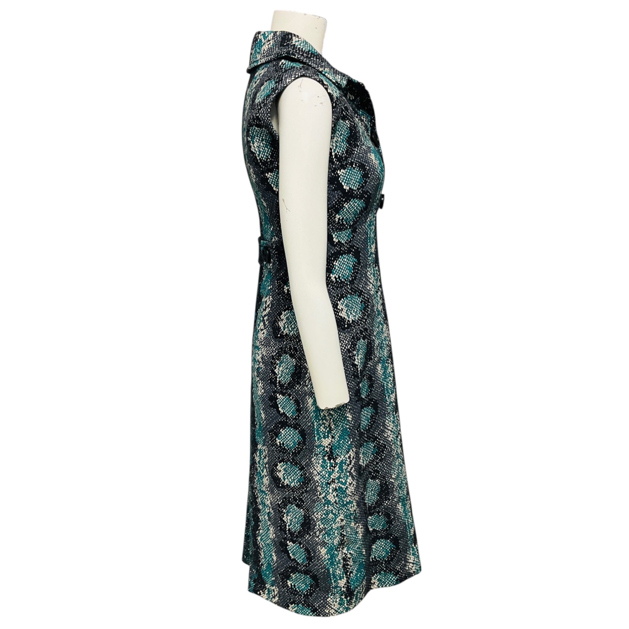 Prada Teal / Ivory / Black Snake Print Sleeveless Wool Crepe Midi Dress