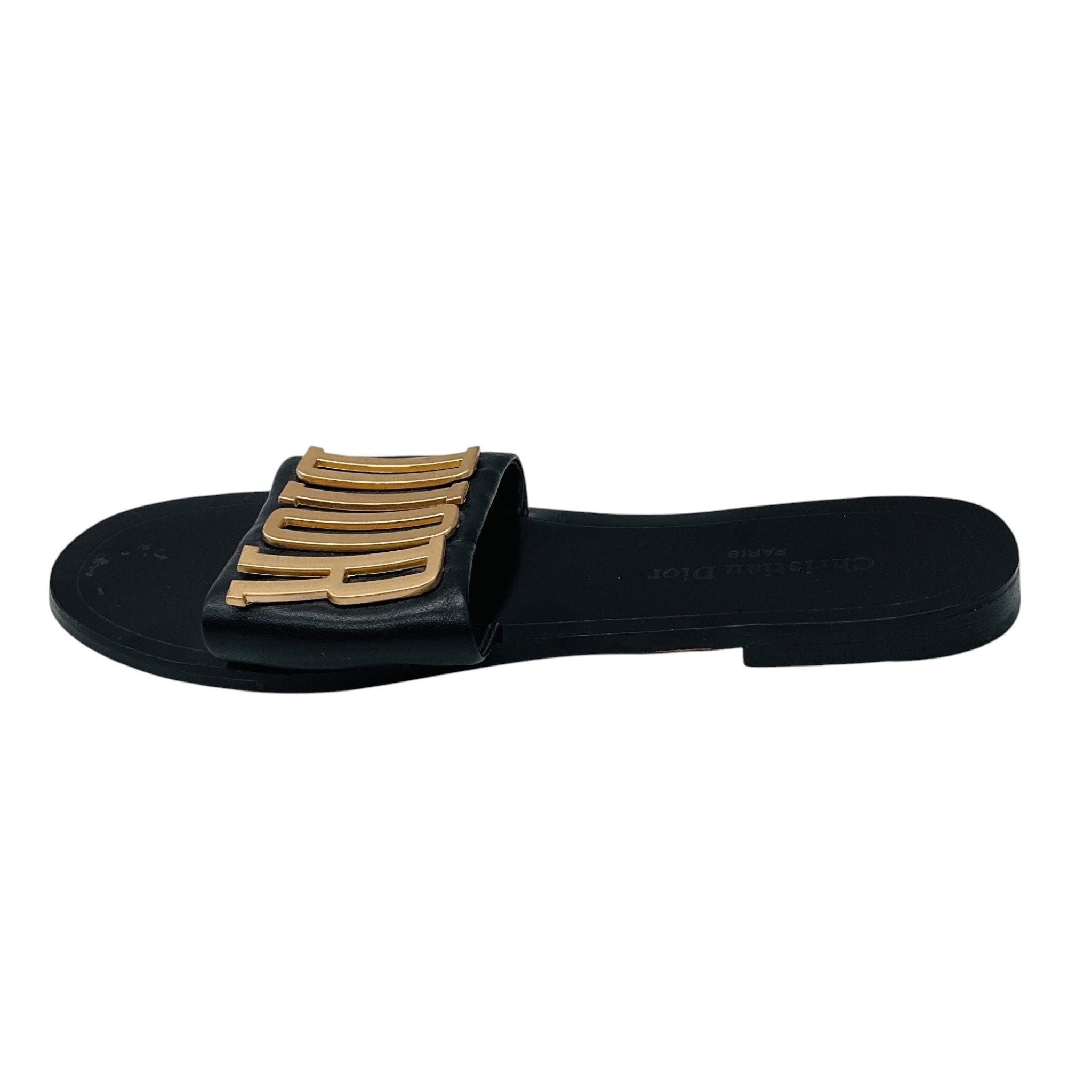 Christian Dior Black / Gold Revolution Logo Leather Flat Slide Sandals