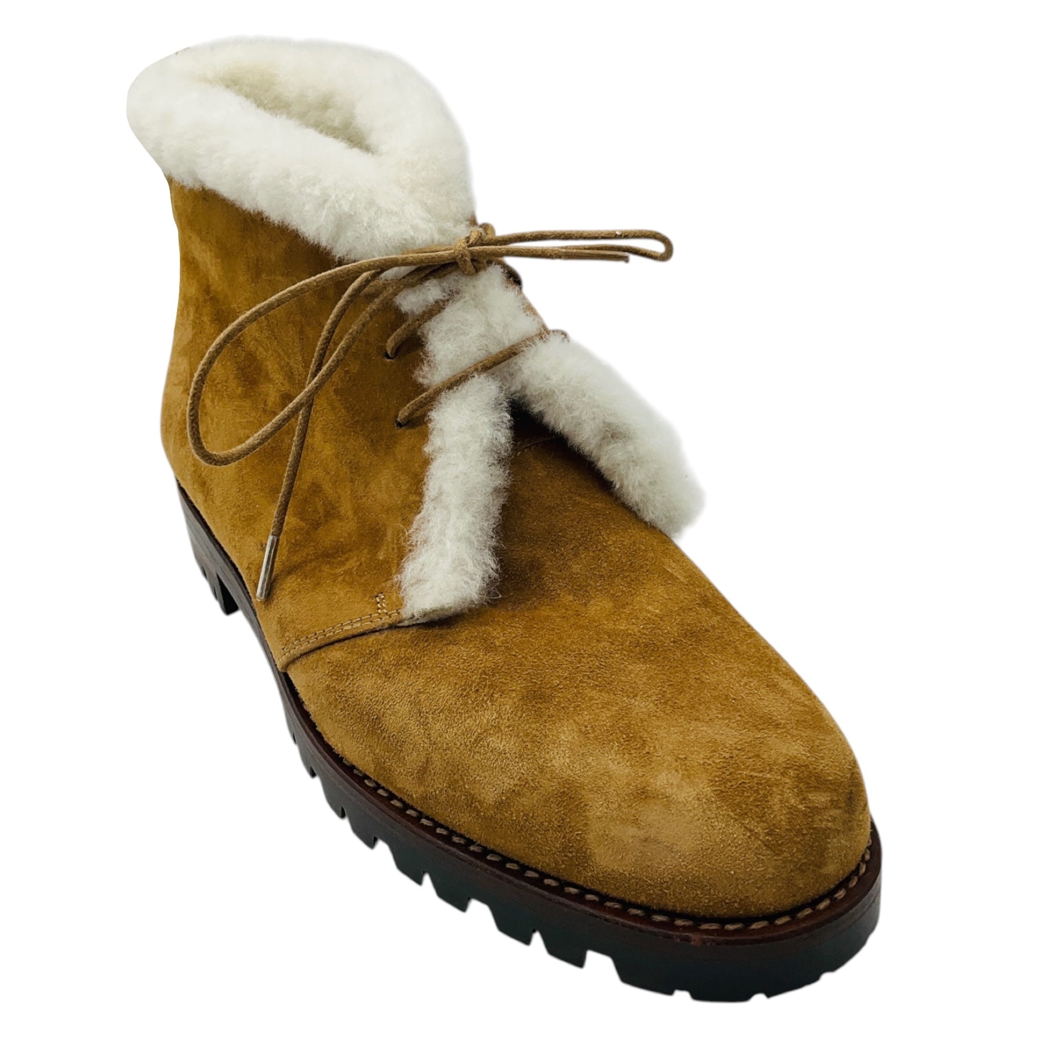 Manolo Blahnik Tan / Ivory Shearling Lined Suede Ankle Boots with Lug Soles