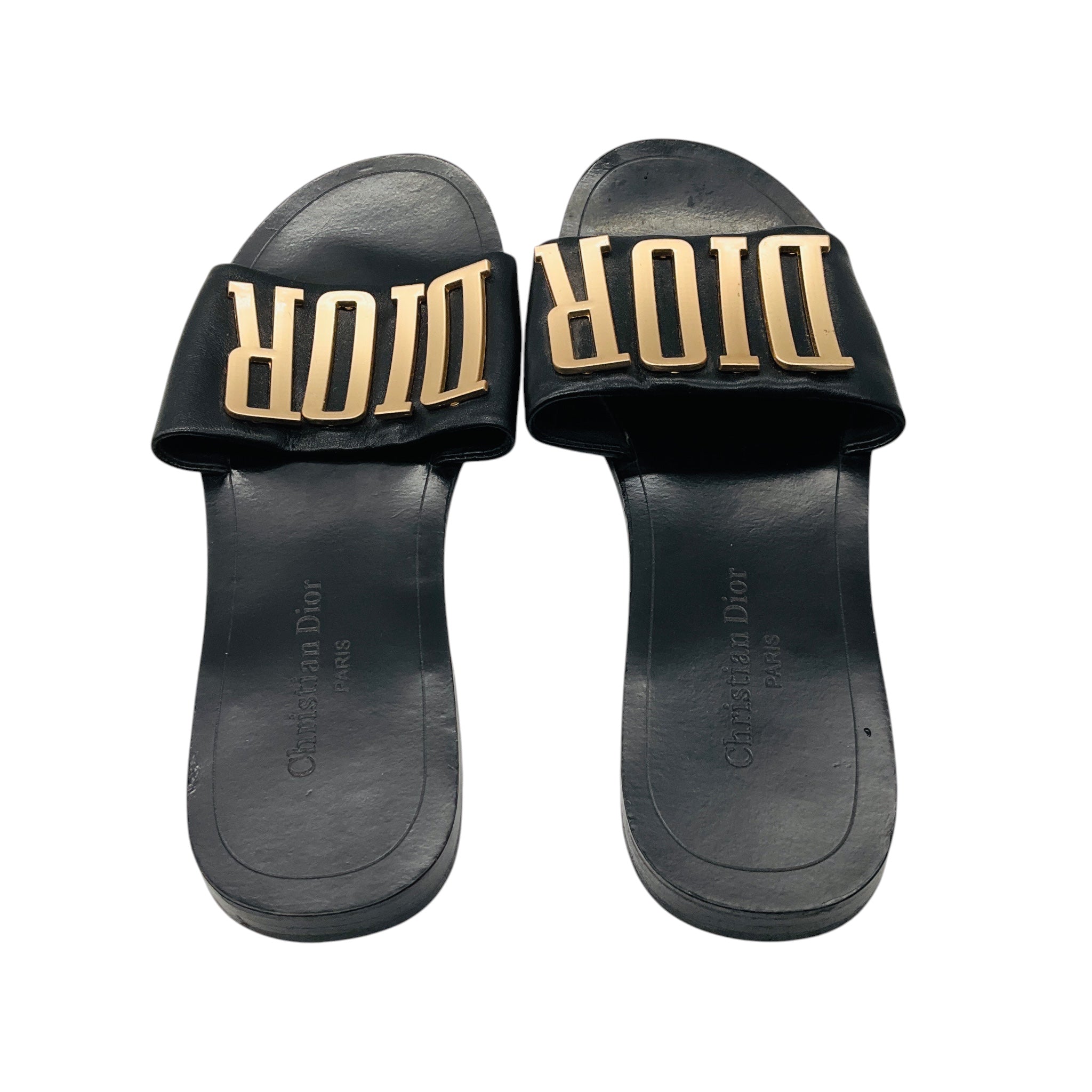 Christian Dior Black / Gold Revolution Logo Leather Flat Slide Sandals