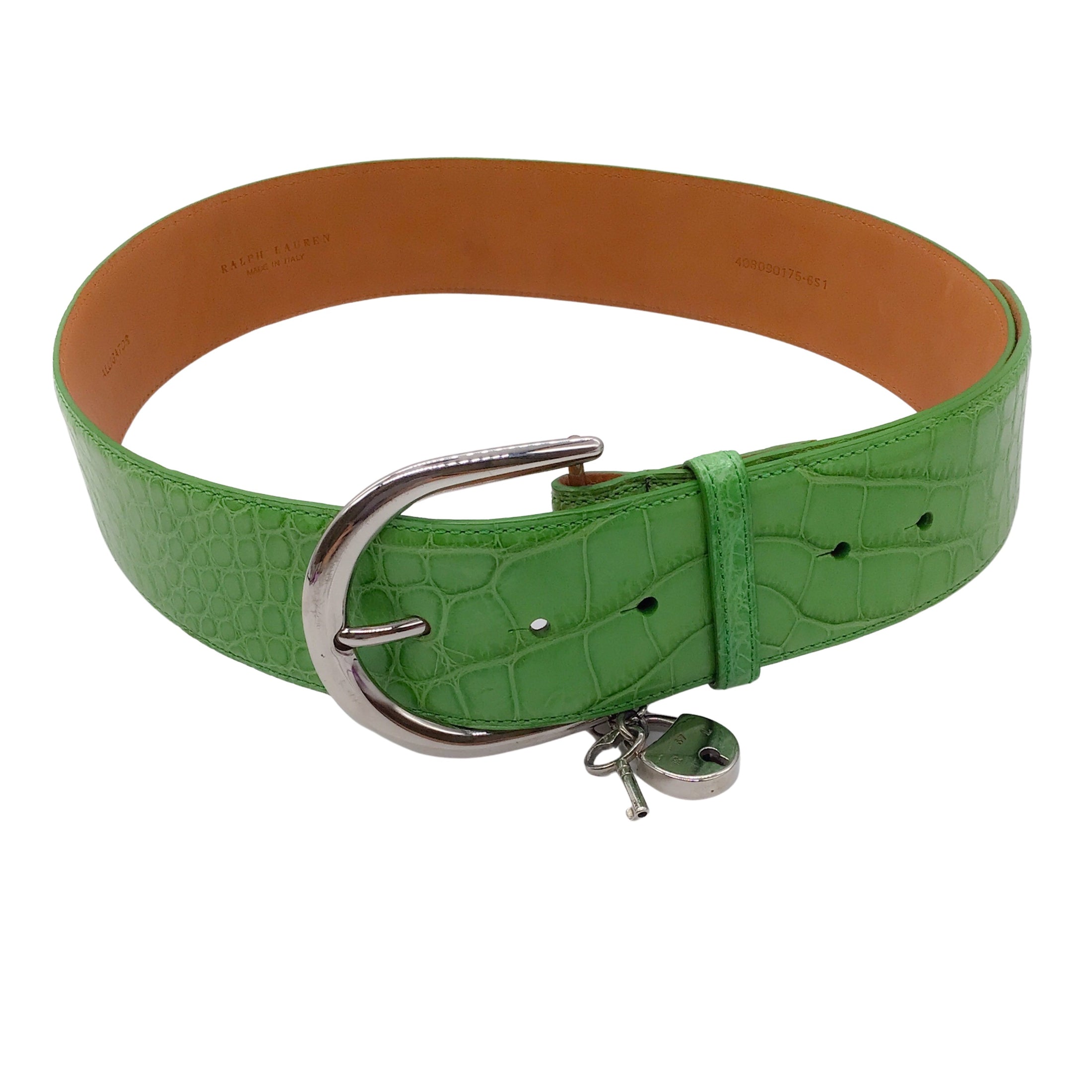 Ralph Lauren Green / Silver Lock Charm Wide Alligator Skin Leather Belt