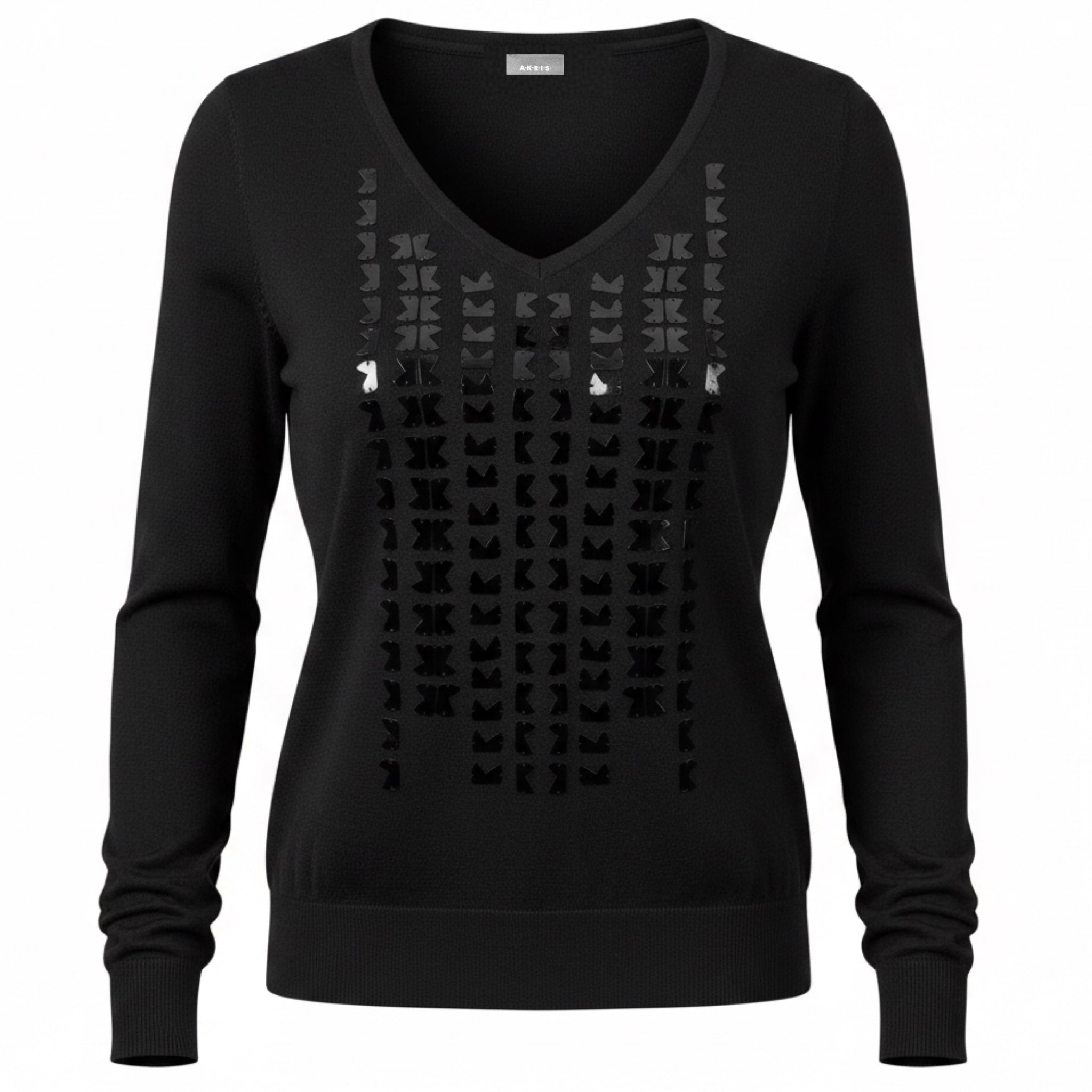 Akris Black Paillette Embellished Long Sleeved V-Neck Wool and Silk Knit Sweater