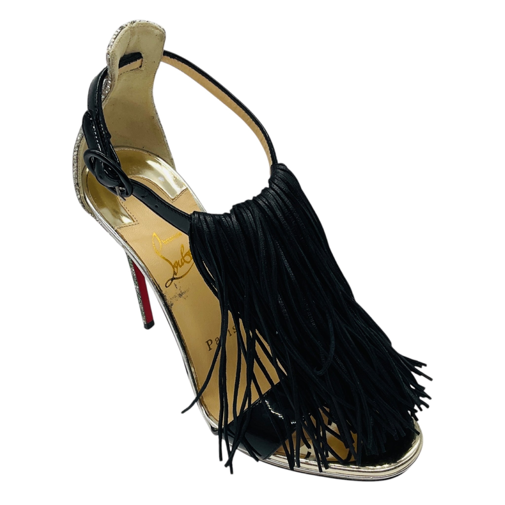 Christian Louboutin Black / Silver Cassanovella 120 Fringed Leather and Glitter Sandals
