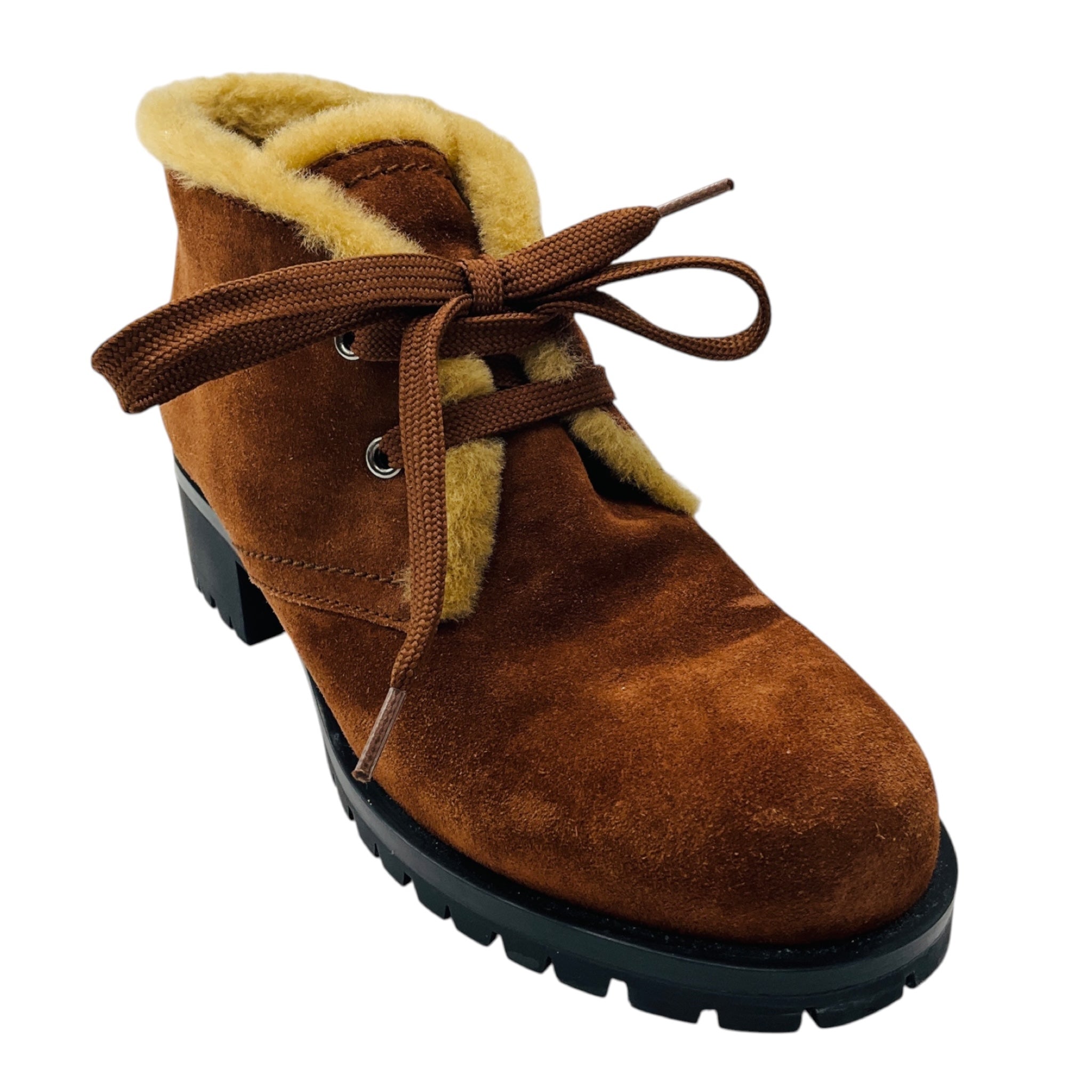 Prada Brown / Tan Shearling Lined Suede Ankle Boots with Lug Soles