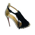 Load image into Gallery viewer, Christian Louboutin Black / Silver Cassanovella 120 Fringed Leather and Glitter Sandals
