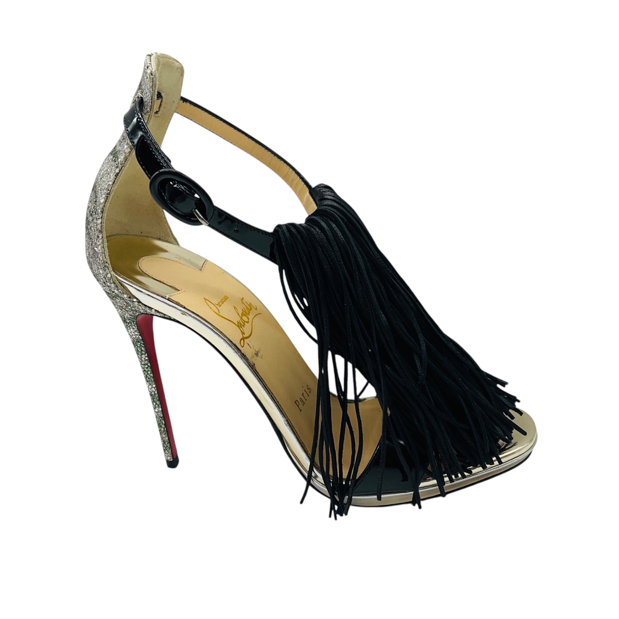 Christian Louboutin Black / Silver Cassanovella 120 Fringed Leather and Glitter Sandals