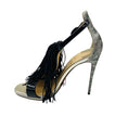Load image into Gallery viewer, Christian Louboutin Black / Silver Cassanovella 120 Fringed Leather and Glitter Sandals
