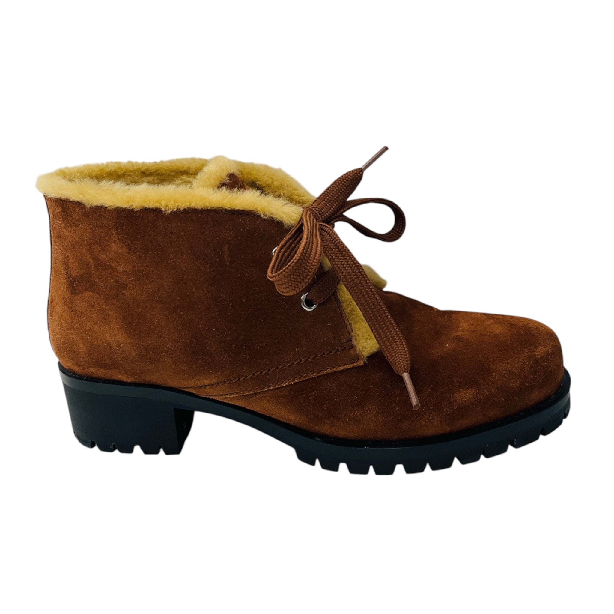 Prada Brown / Tan Shearling Lined Suede Ankle Boots with Lug Soles