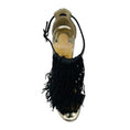 Load image into Gallery viewer, Christian Louboutin Black / Silver Cassanovella 120 Fringed Leather and Glitter Sandals
