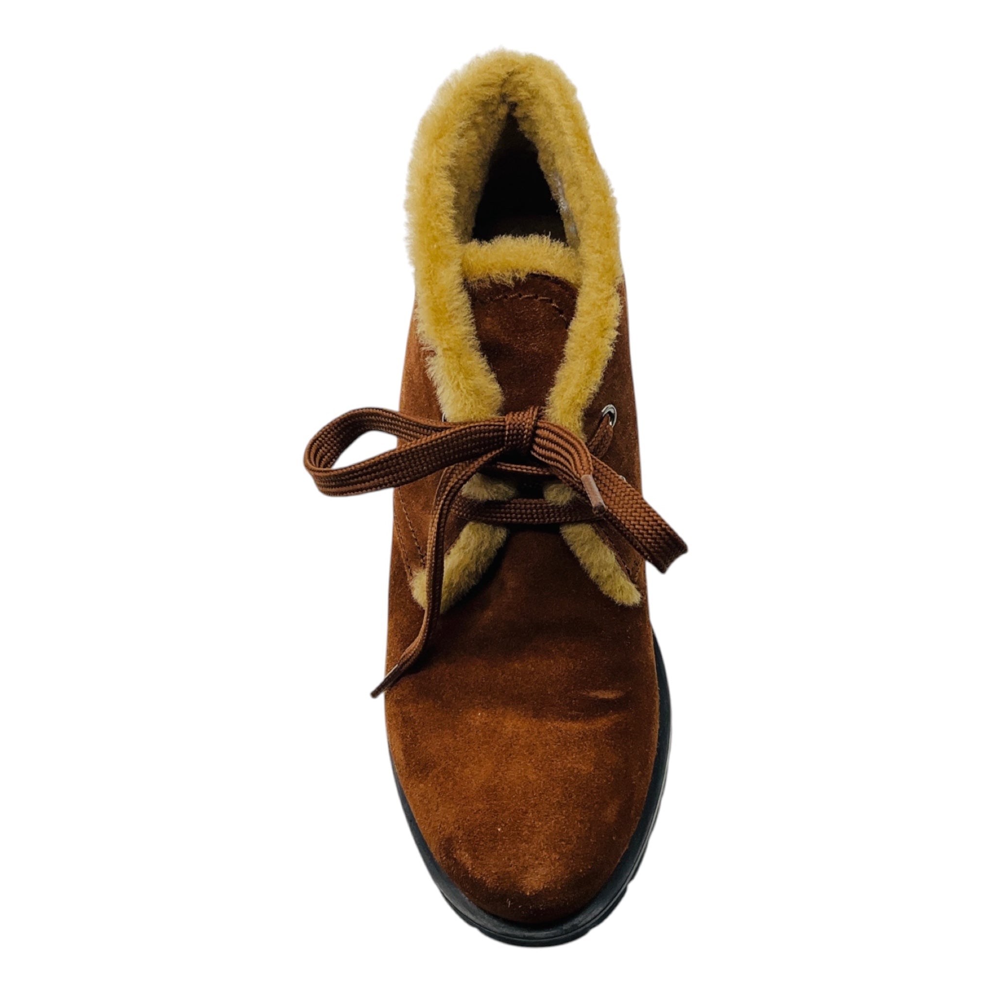 Prada Brown / Tan Shearling Lined Suede Ankle Boots with Lug Soles