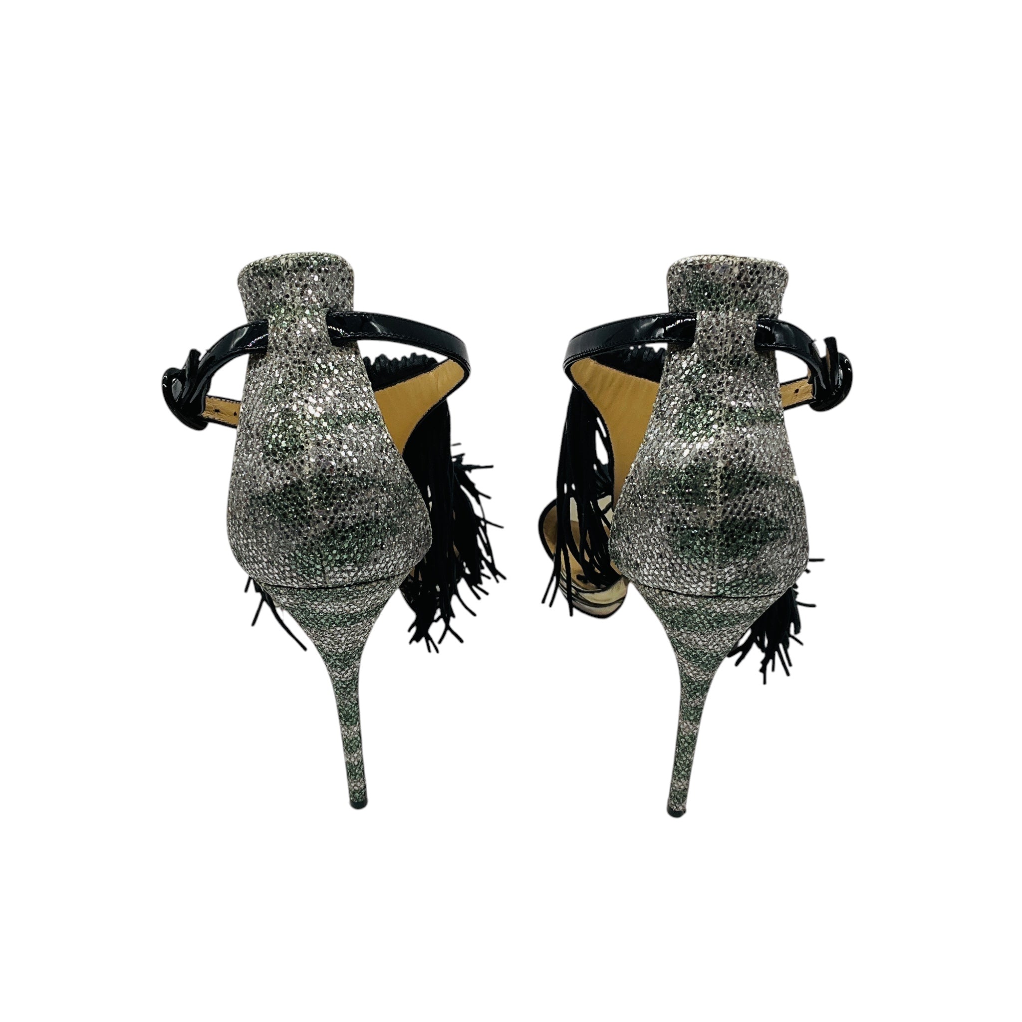 Christian Louboutin Black / Silver Cassanovella 120 Fringed Leather and Glitter Sandals