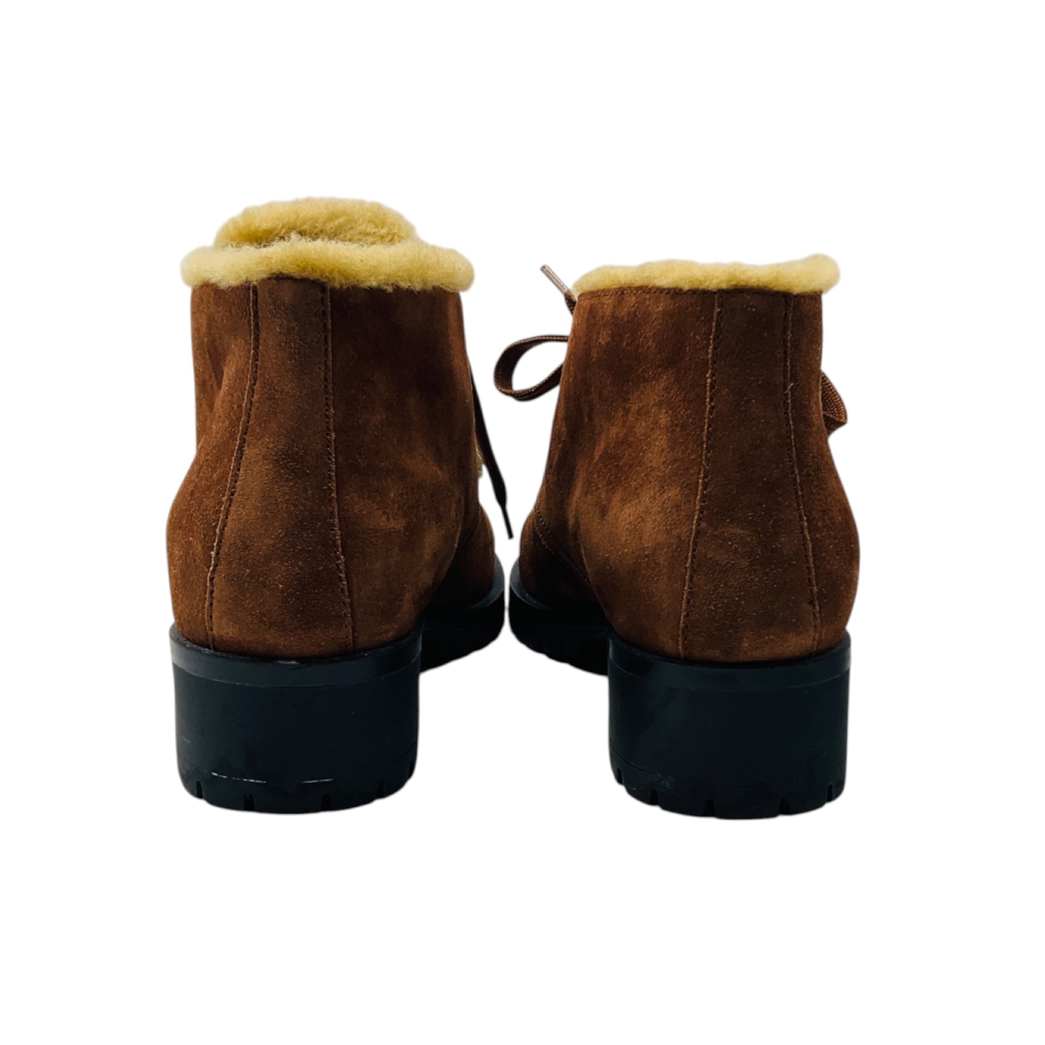 Prada Brown / Tan Shearling Lined Suede Ankle Boots with Lug Soles