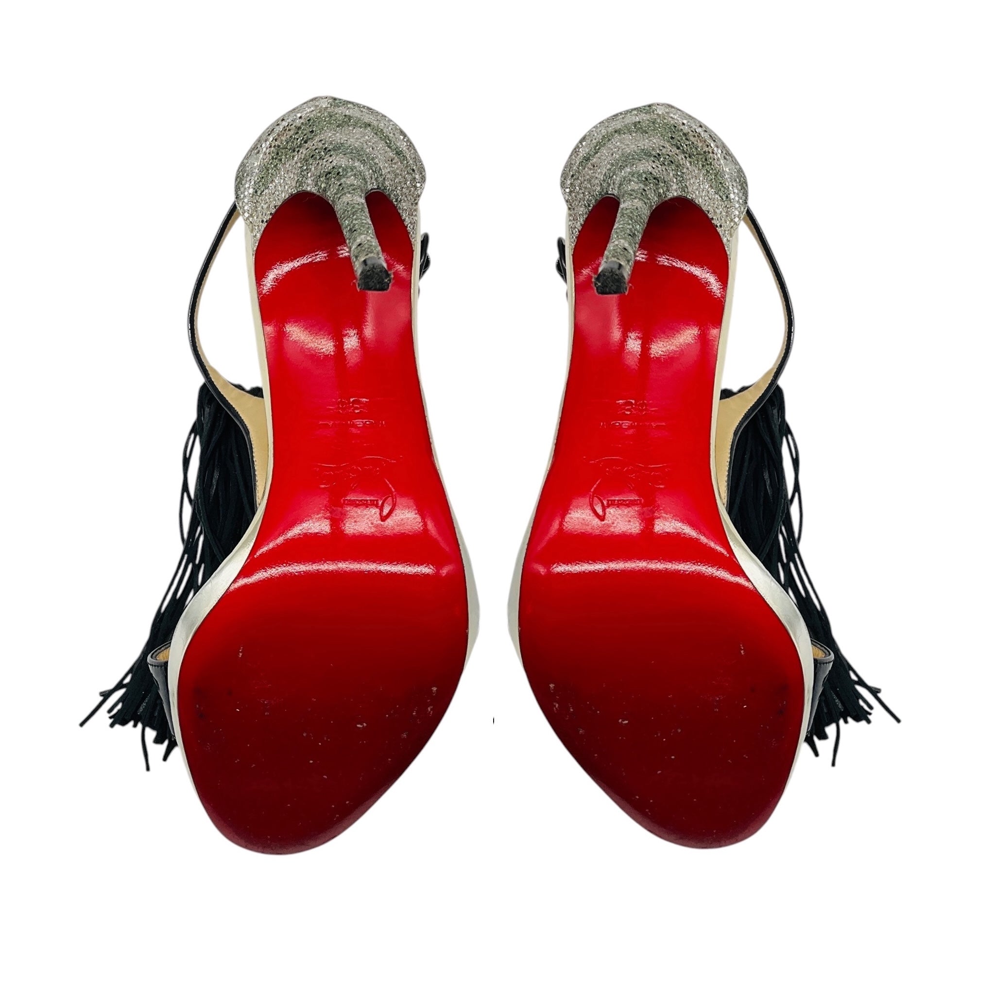 Christian Louboutin Black / Silver Cassanovella 120 Fringed Leather and Glitter Sandals