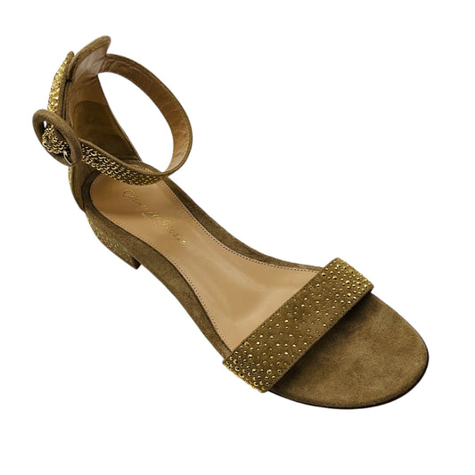 Gianvito Rossi Beige / Gold Studded Suede Ankle Strap Flat Sandals