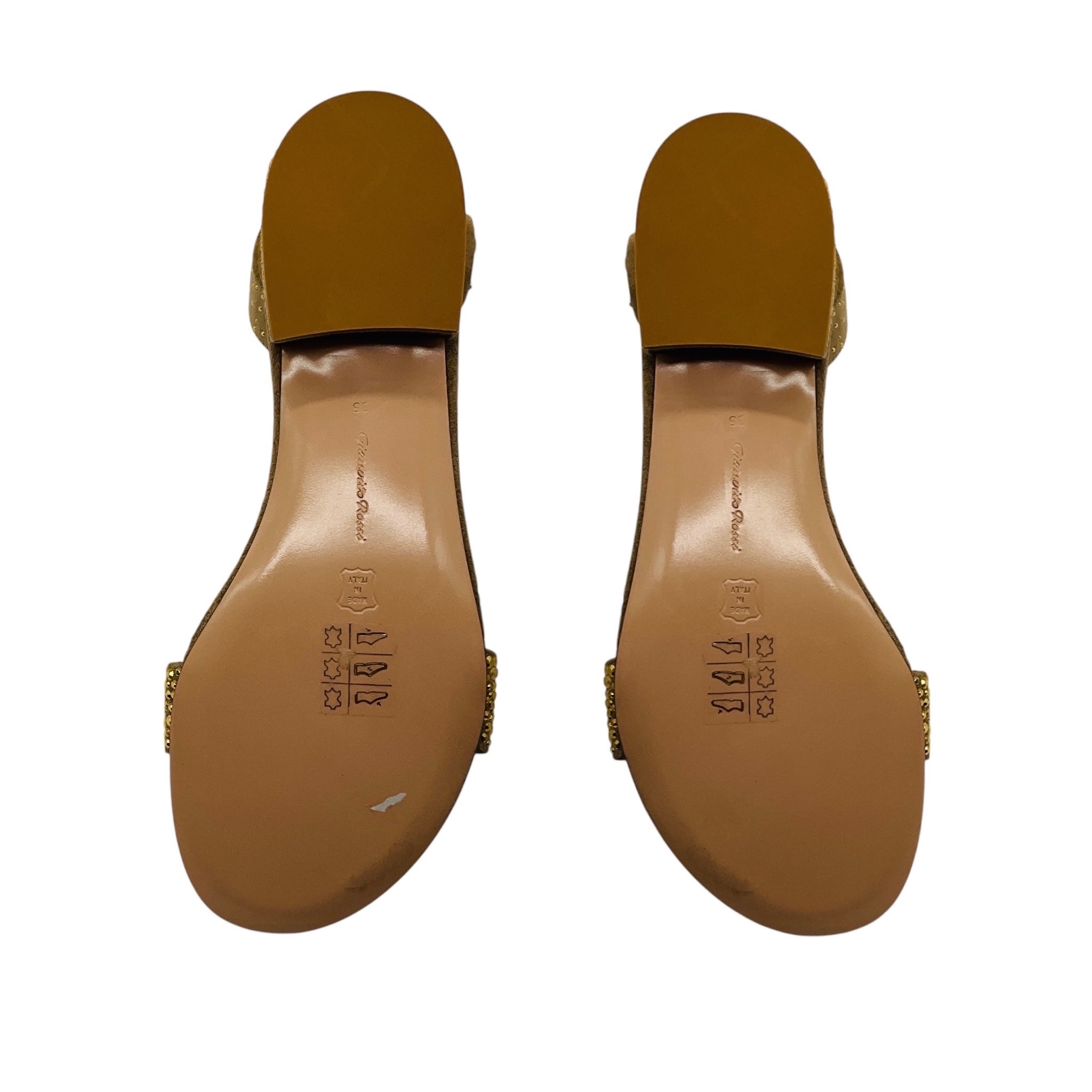 Gianvito Rossi Beige / Gold Studded Suede Ankle Strap Flat Sandals