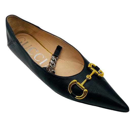 Gucci Black / Gold / Silver Horsebit and Chain Detail Pointed Toe Leather Flats