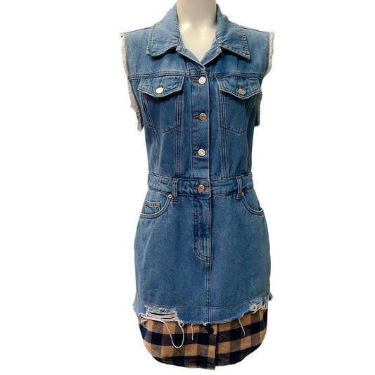 Moschino Jeans Blue Denim Sleeveless Dress with Flannel Check Hem
