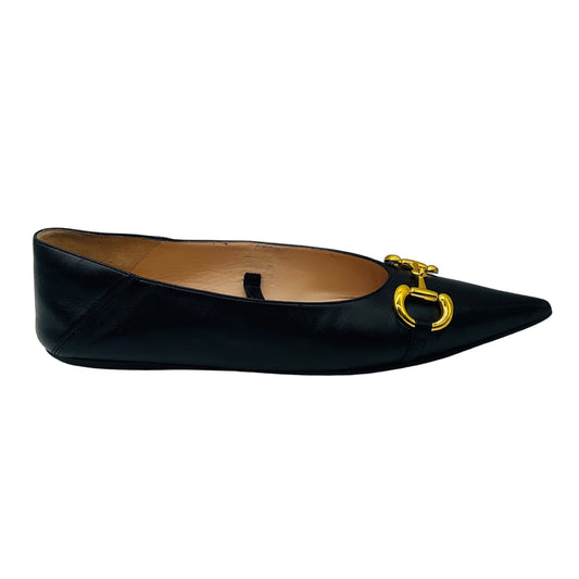 Gucci Black / Gold / Silver Horsebit and Chain Detail Pointed Toe Leather Flats