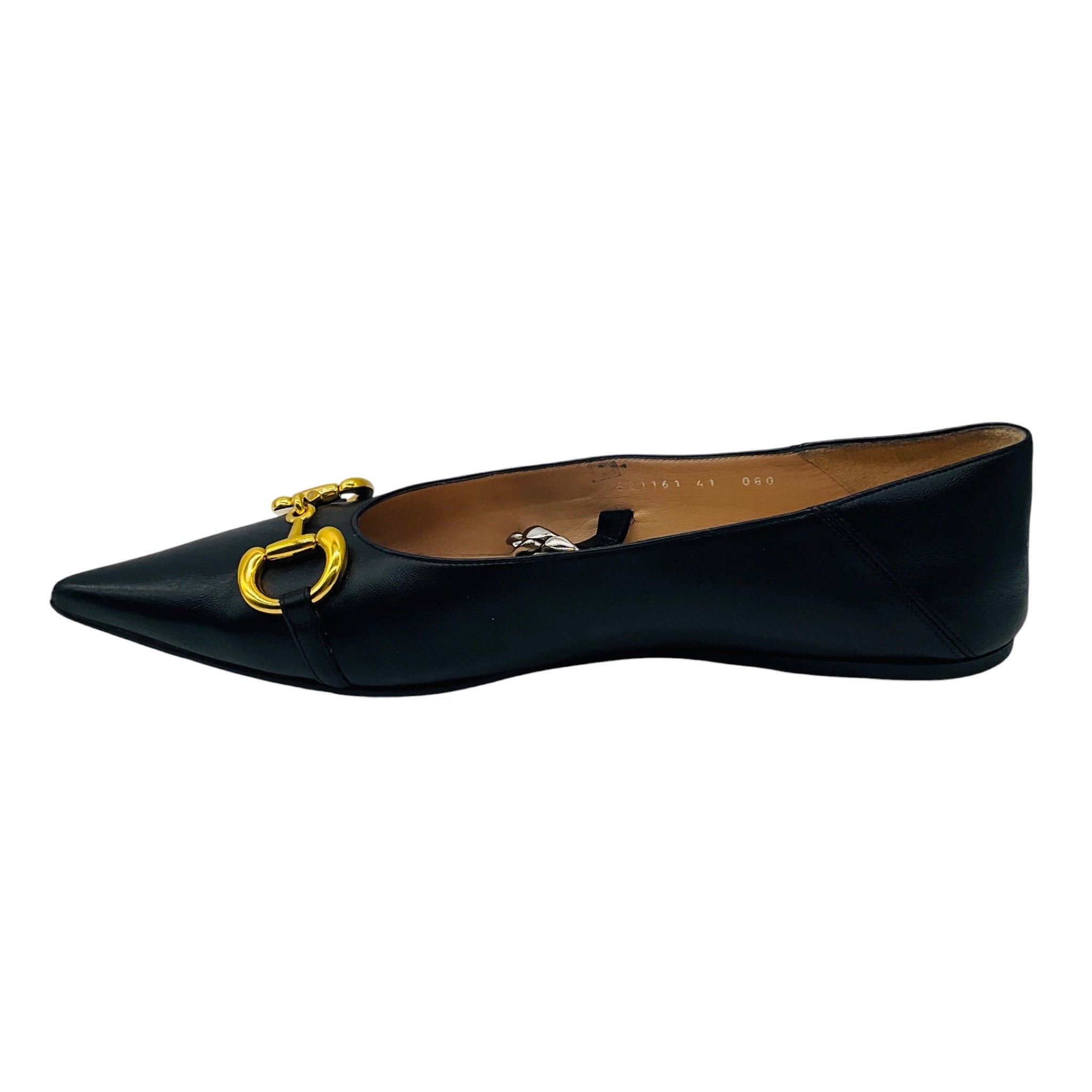 Gucci Black / Gold / Silver Horsebit and Chain Detail Pointed Toe Leather Flats