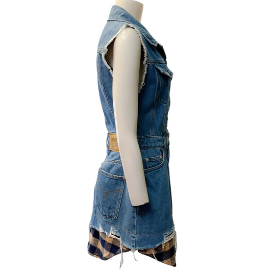 Moschino Jeans Blue Denim Sleeveless Dress with Flannel Check Hem