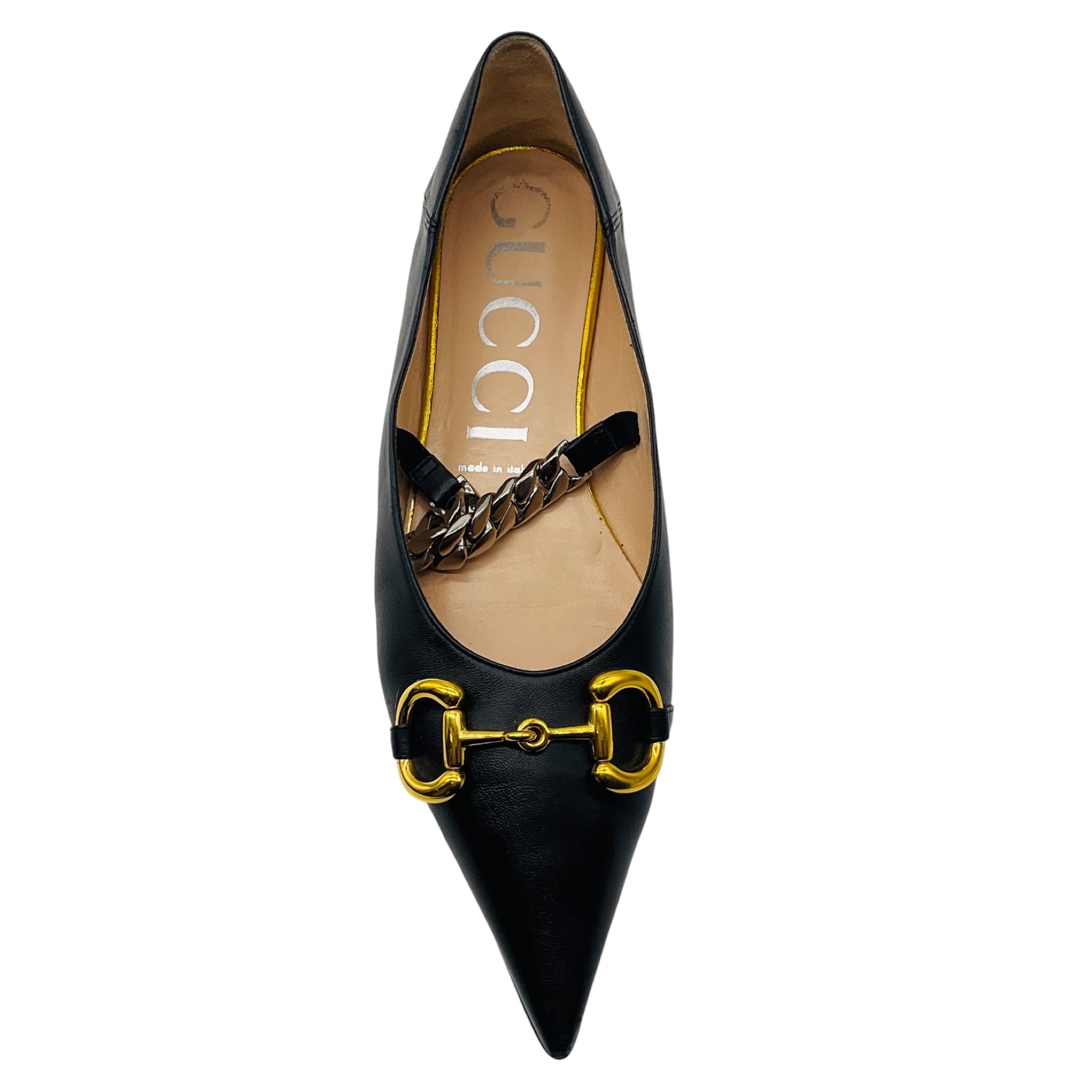 Gucci Black / Gold / Silver Horsebit and Chain Detail Pointed Toe Leather Flats