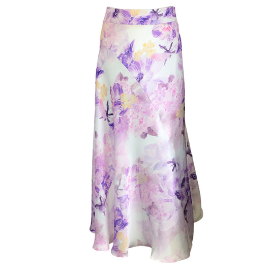 Leo Lin Purple Multi Camellia Print Satin Midi Skirt in Mauve