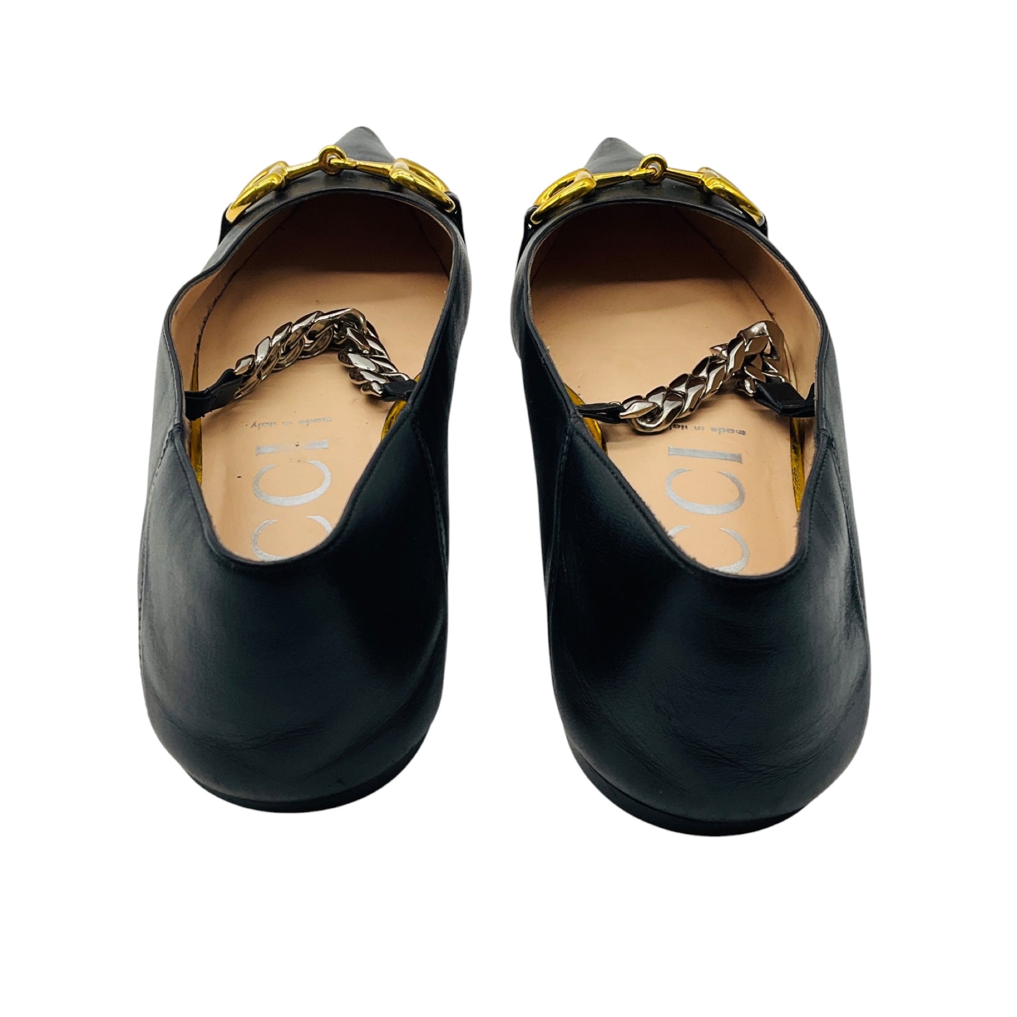 Gucci Black / Gold / Silver Horsebit and Chain Detail Pointed Toe Leather Flats
