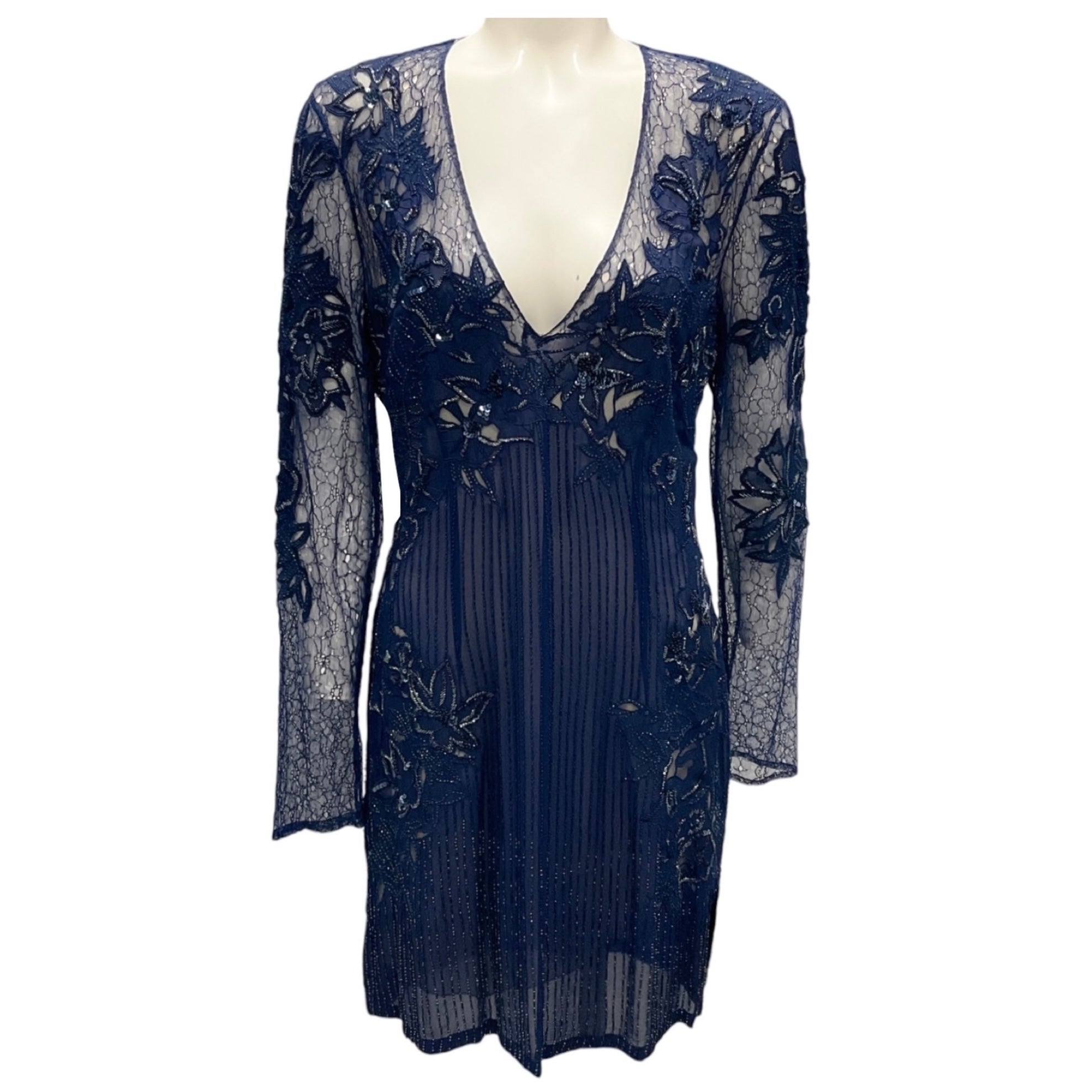 Roberto Cavalli Navy Bead and Sequin Embellished Lace Cocktail Dress