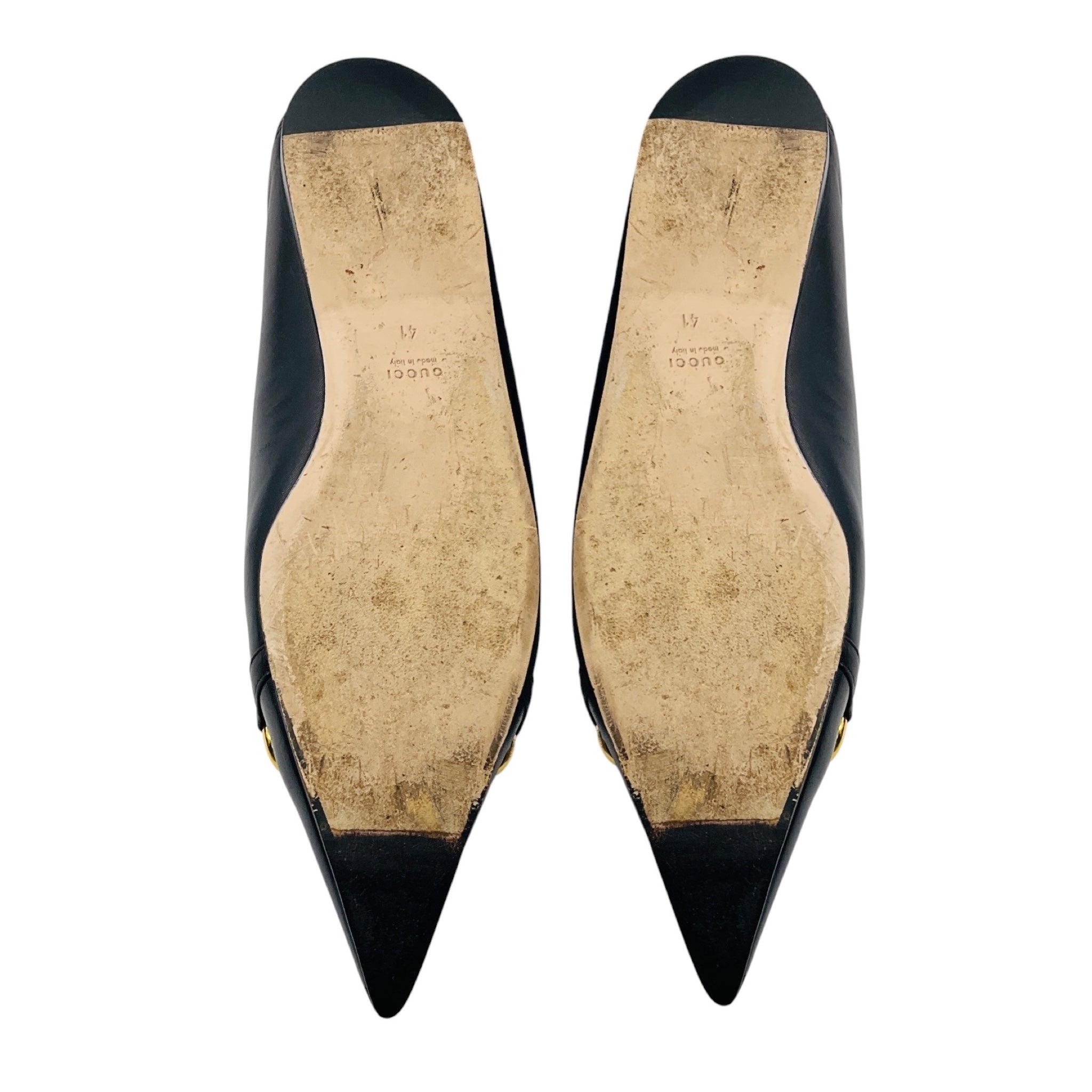Gucci Black / Gold / Silver Horsebit and Chain Detail Pointed Toe Leather Flats