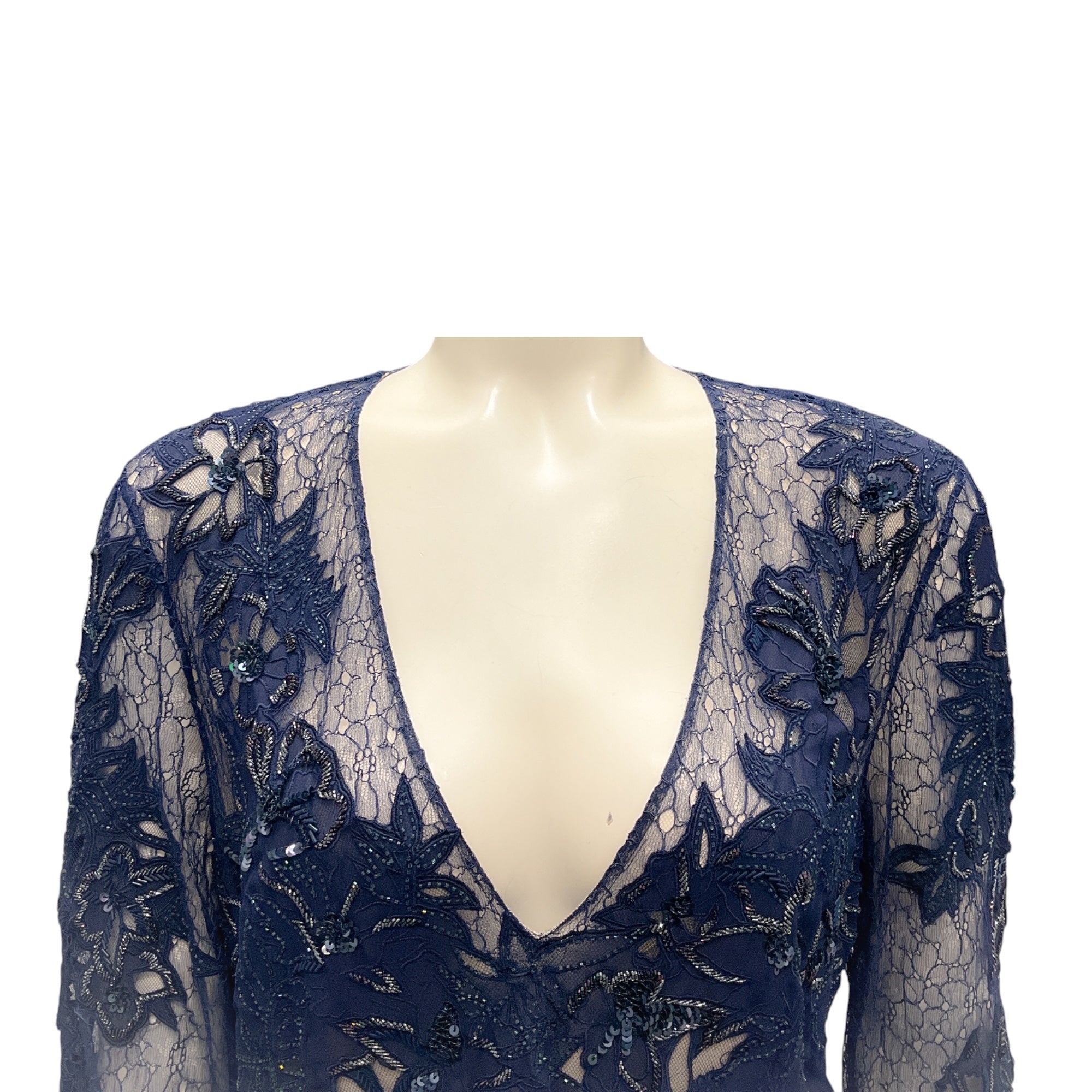 Roberto Cavalli Navy Bead and Sequin Embellished Lace Cocktail Dress