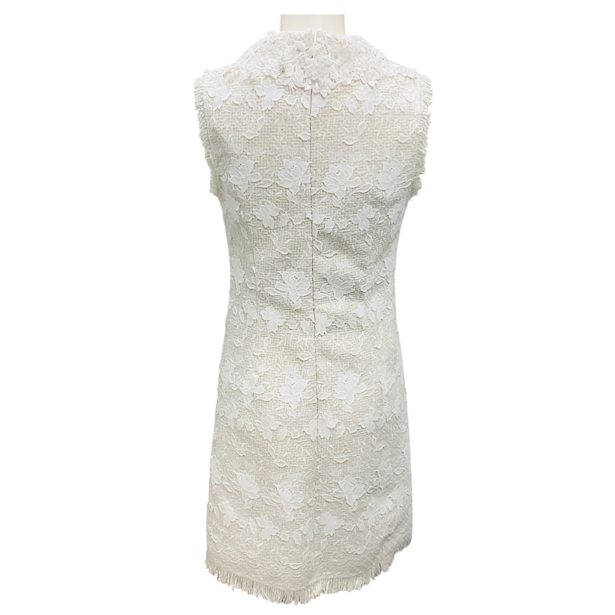 Oscar de la Renta White Gardenia Embroidered Tweed Dress